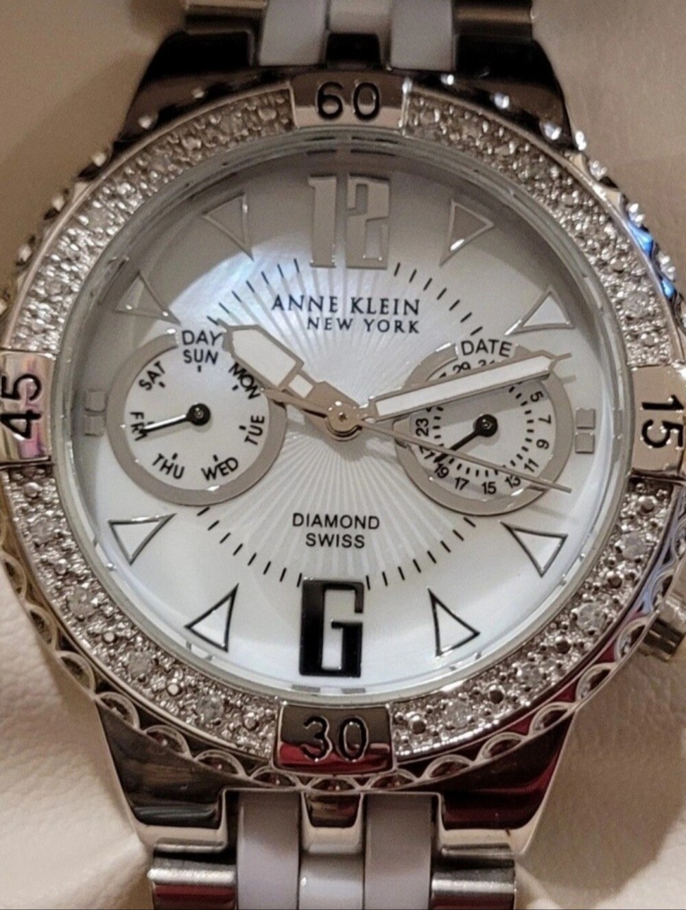 Anne Klein Silver and White Crystal-Accent Diamond Dial Bracelet Watch